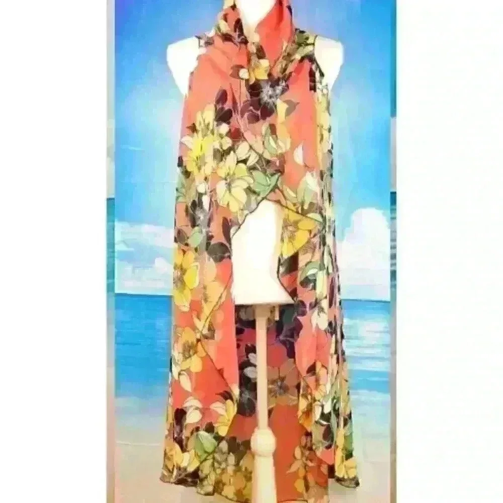 ORANGE FLORAL Beach Cover Sheer Open front Long Shawl LIGHTWEIGH Shrug One Size
